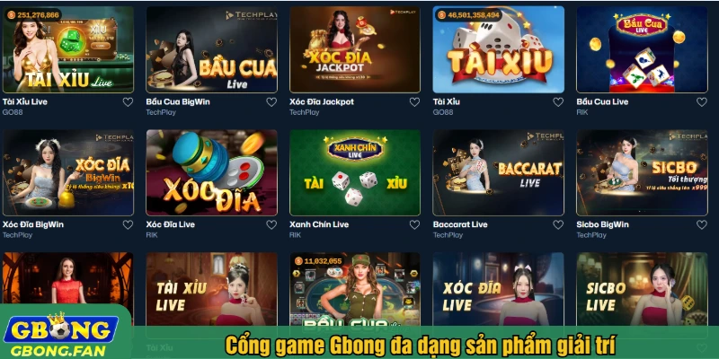 Cổng game Gbong đa dạng sản phẩm giải trí