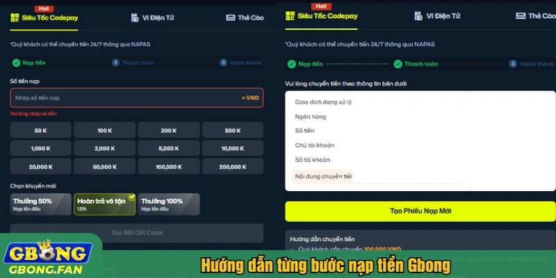 Hướng dẫn từng bước nạp tiền Gbong