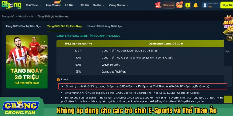 Không áp dụng cho các trò chơi E-Sports và Thể Thao Ảo